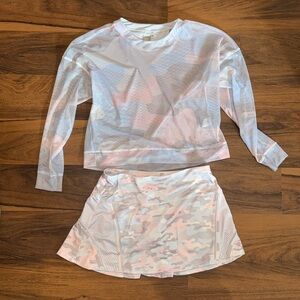 Lucky in Love tennis outfit . Pastel camo . Skort and mesh long sleeve top.